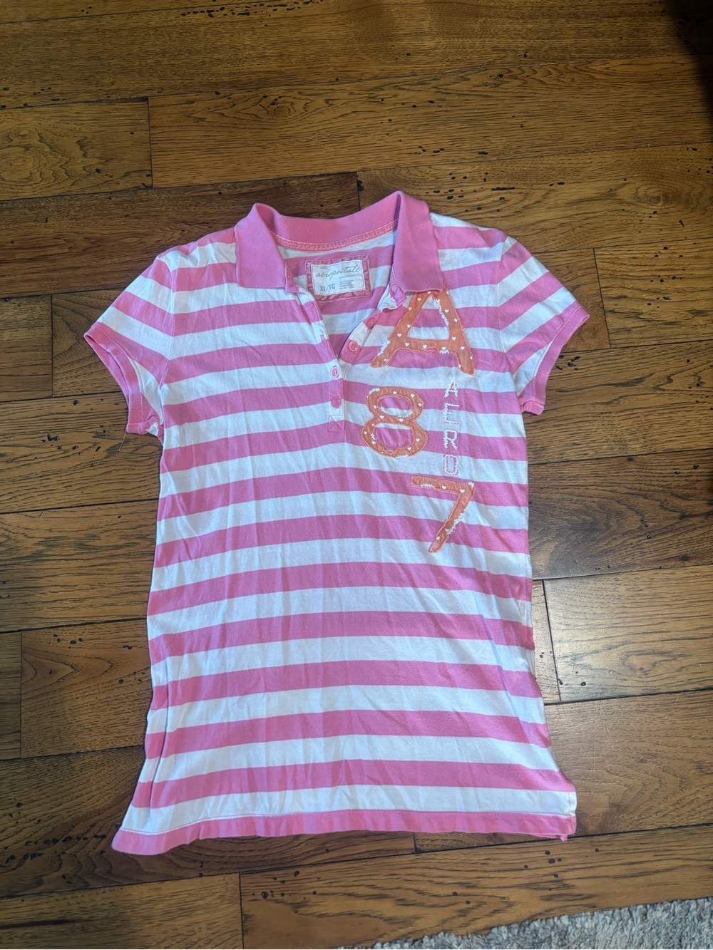 Y2K Aeropostale Women’s Pink & White Striped Polo Tee with Logo Size XL